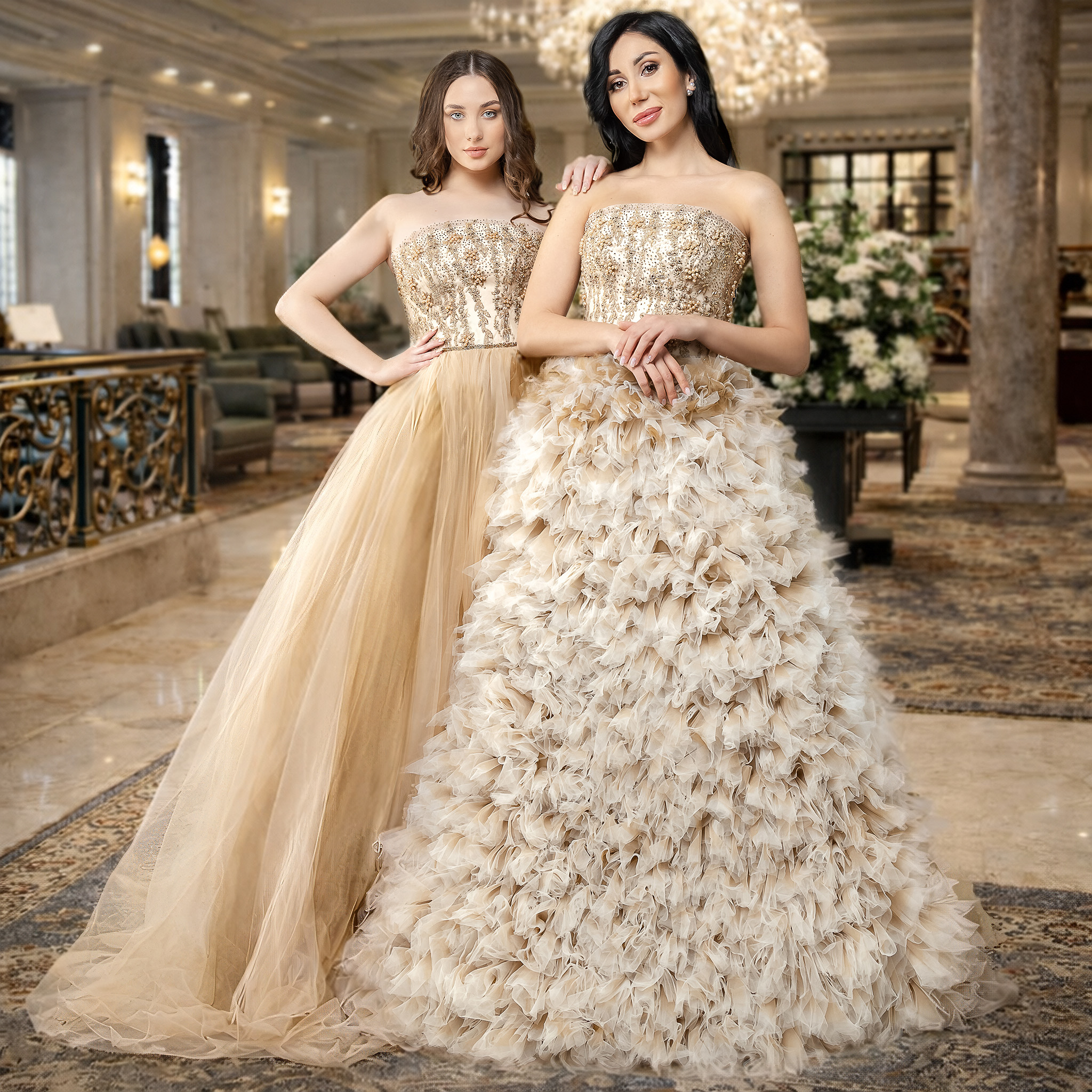 Two women wearing embellished ivory and champagne evening gowns